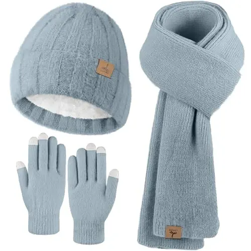 Winter Beanie Hat Scarf Gloves, Warm Fleece Knit Hat Long Scarf Neck Warmer Touch Screen Winter Gloves Set Gifts for Women 