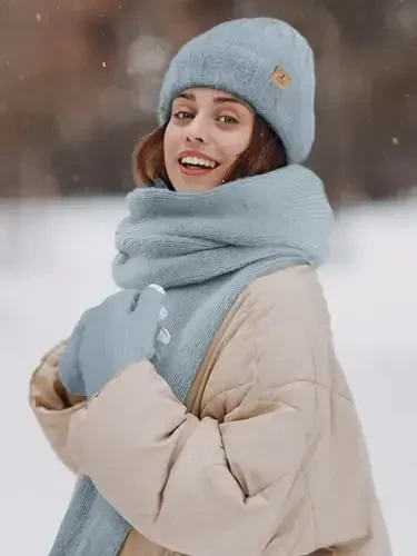 Winter Beanie Hat Scarf Gloves, Warm Fleece Knit Hat Long Scarf Neck Warmer Touch Screen Winter Gloves Set Gifts for Women - 6