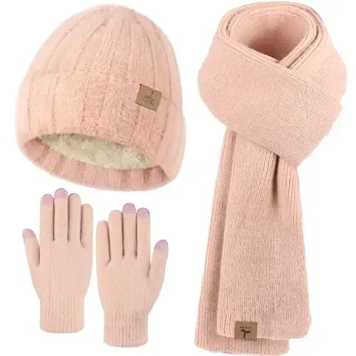 Winter Beanie Hat Scarf Gloves, Warm Fleece Knit Hat Long Scarf Neck Warmer Touch Screen Winter Gloves Set Gifts for Women 