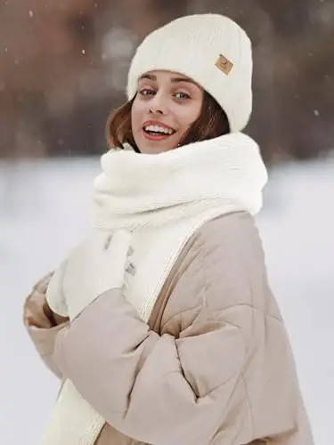 Winter Beanie Hat Scarf Gloves, Warm Fleece Knit Hat Long Scarf Neck Warmer Touch Screen Winter Gloves Set Gifts for Women - 6
