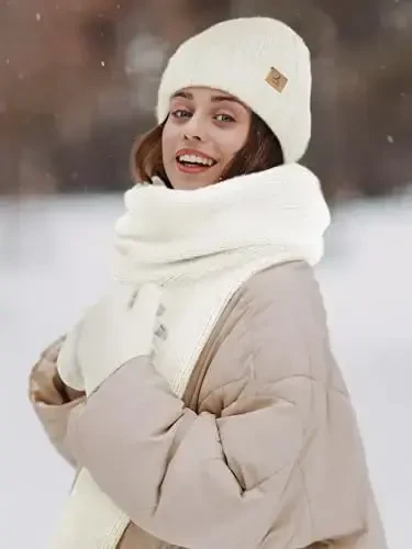 Winter Beanie Hat Scarf Gloves, Warm Fleece Knit Hat Long Scarf Neck Warmer Touch Screen Winter Gloves Set Gifts for Women - 6