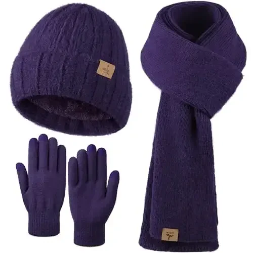 Winter Beanie Hat Scarf Gloves, Warm Fleece Knit Hat Long Scarf Neck Warmer Touch Screen Winter Gloves Set Gifts for Women 