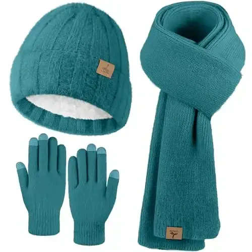 Winter Beanie Hat Scarf Gloves, Warm Fleece Knit Hat Long Scarf Neck Warmer Touch Screen Winter Gloves Set Gifts for Women - 1