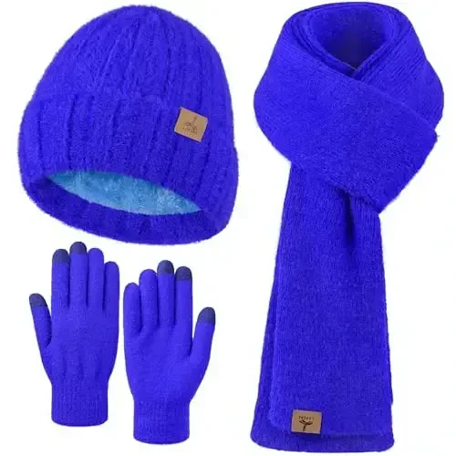 Winter Beanie Hat Scarf Gloves, Warm Fleece Knit Hat Long Scarf Neck Warmer Touch Screen Winter Gloves Set Gifts for Women - LOROME