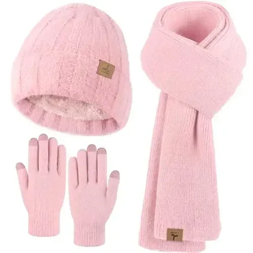 Winter Beanie Hat Scarf Gloves, Warm Fleece Knit Hat Long Scarf Neck Warmer Touch Screen Winter Gloves Set Gifts for Women - LOROME