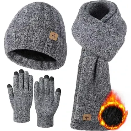 Winter Beanie Hat Scarf Gloves, Warm Fleece Knit Hat Long Scarf Neck Warmer Touch Screen Winter Gloves Set Gifts for Women - LOROME