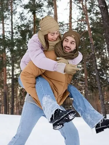 Winter Beanie Hat Scarf Gloves, Warm Fleece Knit Hats Touch Screen Gloves Neck Scarf Set Winter Gifts for Unisex Adult - 3