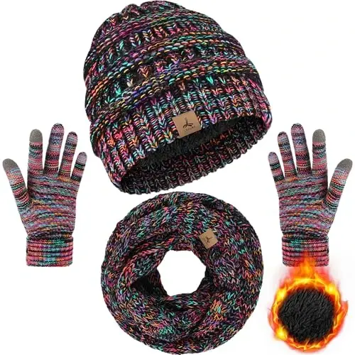 Winter Beanie Hat Scarf Gloves, Warm Fleece Knit Hats Touch Screen Gloves Neck Scarf Set Winter Gifts for Unisex Adult - WINTER