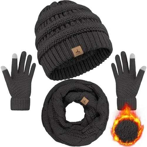 Winter Beanie Hat Scarf Gloves, Warm Fleece Knit Hats Touch Screen Gloves Neck Scarf Set Winter Gifts for Unisex Adult 