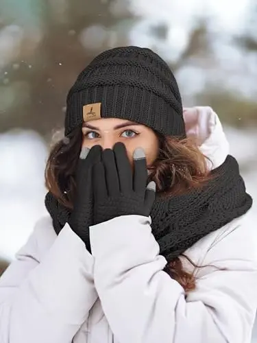 Winter Beanie Hat Scarf Gloves, Warm Fleece Knit Hats Touch Screen Gloves Neck Scarf Set Winter Gifts for Unisex Adult - 6