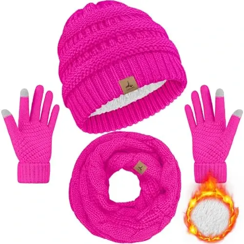 Winter Beanie Hat Scarf Gloves, Warm Fleece Knit Hats Touch Screen Gloves Neck Scarf Set Winter Gifts for Unisex Adult 