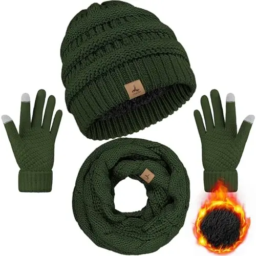 Winter Beanie Hat Scarf Gloves, Warm Fleece Knit Hats Touch Screen Gloves Neck Scarf Set Winter Gifts for Unisex Adult 