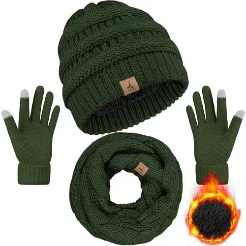 Winter Beanie Hat Scarf Gloves, Warm Fleece Knit Hats Touch Screen Gloves Neck Scarf Set Winter Gifts for Unisex Adult - 1