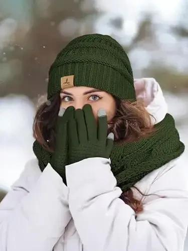 Winter Beanie Hat Scarf Gloves, Warm Fleece Knit Hats Touch Screen Gloves Neck Scarf Set Winter Gifts for Unisex Adult - 6