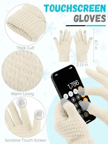 Winter Beanie Hat Scarf Gloves, Warm Fleece Knit Hats Touch Screen Gloves Neck Scarf Set Winter Gifts for Unisex Adult - 3