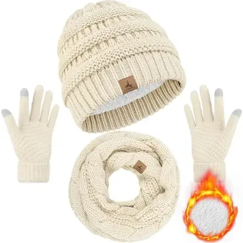 Winter Beanie Hat Scarf Gloves, Warm Fleece Knit Hats Touch Screen Gloves Neck Scarf Set Winter Gifts for Unisex Adult - 1