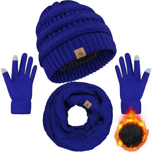 Winter Beanie Hat Scarf Gloves, Warm Fleece Knit Hats Touch Screen Gloves Neck Scarf Set Winter Gifts for Unisex Adult 
