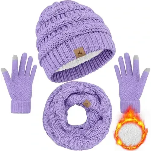 Winter Beanie Hat Scarf Gloves, Warm Fleece Knit Hats Touch Screen Gloves Neck Scarf Set Winter Gifts for Unisex Adult 