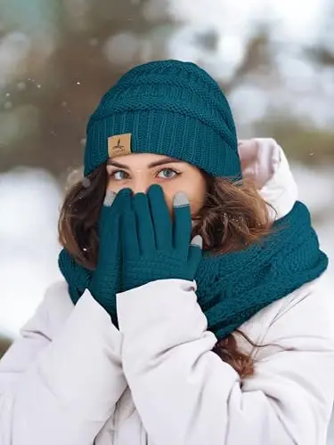 Winter Beanie Hat Scarf Gloves, Warm Fleece Knit Hats Touch Screen Gloves Neck Scarf Set Winter Gifts for Unisex Adult - 6