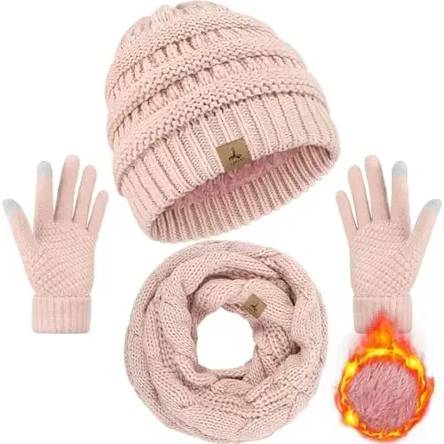Winter Beanie Hat Scarf Gloves, Warm Fleece Knit Hats Touch Screen Gloves Neck Scarf Set Winter Gifts for Unisex Adult - LOROME