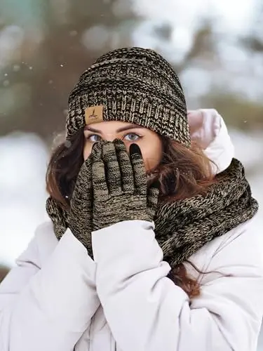Winter Beanie Hat Scarf Gloves, Warm Fleece Knit Hats Touch Screen Gloves Neck Scarf Set Winter Gifts for Unisex Adult - 6