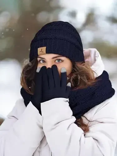 Winter Beanie Hat Scarf Gloves, Warm Fleece Knit Hats Touch Screen Gloves Neck Scarf Set Winter Gifts for Unisex Adult - 6