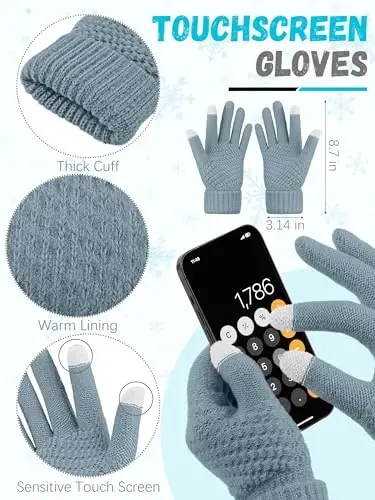 Winter Beanie Hat Scarf Gloves, Warm Fleece Knit Hats Touch Screen Gloves Neck Scarf Set Winter Gifts for Unisex Adult - 3