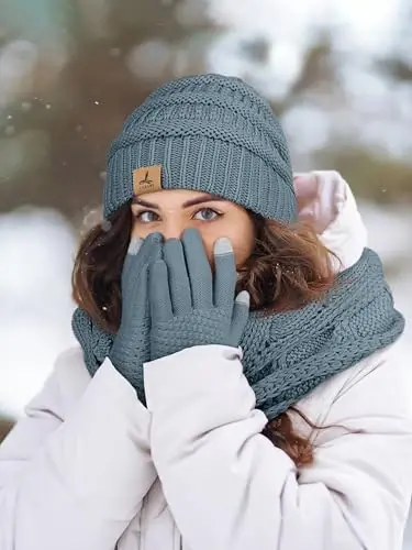 Winter Beanie Hat Scarf Gloves, Warm Fleece Knit Hats Touch Screen Gloves Neck Scarf Set Winter Gifts for Unisex Adult - 6
