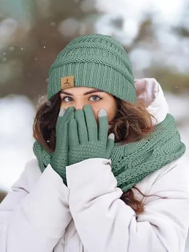 Winter Beanie Hat Scarf Gloves, Warm Fleece Knit Hats Touch Screen Gloves Neck Scarf Set Winter Gifts for Unisex Adult - 6