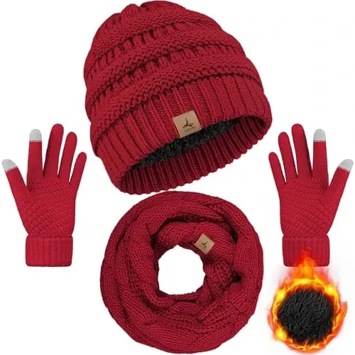 Winter Beanie Hat Scarf Gloves, Warm Fleece Knit Hats Touch Screen Gloves Neck Scarf Set Winter Gifts for Unisex Adult 
