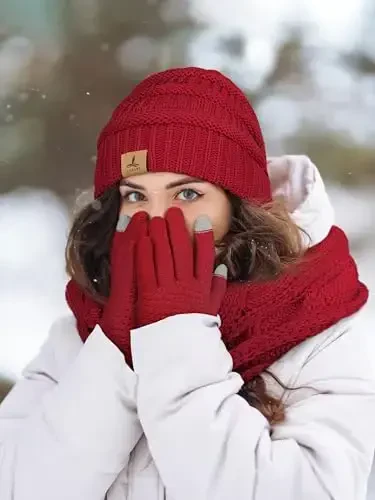 Winter Beanie Hat Scarf Gloves, Warm Fleece Knit Hats Touch Screen Gloves Neck Scarf Set Winter Gifts for Unisex Adult - 6