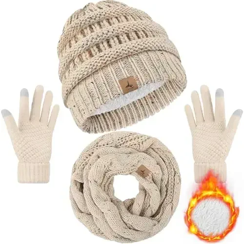 Winter Beanie Hat Scarf Gloves, Warm Fleece Knit Hats Touch Screen Gloves Neck Scarf Set Winter Gifts for Unisex Adult - LOROME