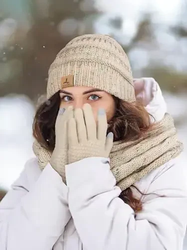 Winter Beanie Hat Scarf Gloves, Warm Fleece Knit Hats Touch Screen Gloves Neck Scarf Set Winter Gifts for Unisex Adult - 6