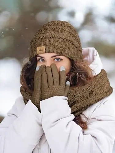Winter Beanie Hat Scarf Gloves, Warm Fleece Knit Hats Touch Screen Gloves Neck Scarf Set Winter Gifts for Unisex Adult - 6