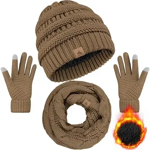 Winter Beanie Hat Scarf Gloves, Warm Fleece Knit Hats Touch Screen Gloves Neck Scarf Set Winter Gifts for Unisex Adult 
