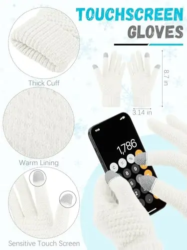 Winter Beanie Hat Scarf Gloves, Warm Fleece Knit Hats Touch Screen Gloves Neck Scarf Set Winter Gifts for Unisex Adult - 3