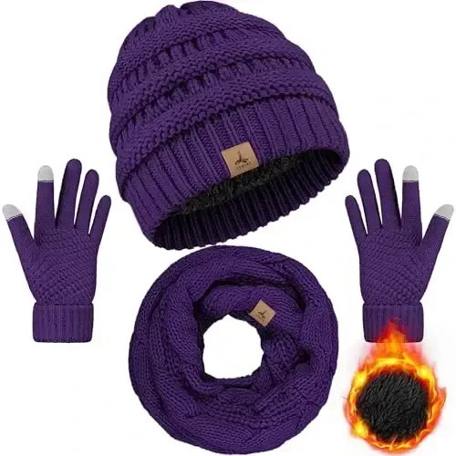 Winter Beanie Hat Scarf Gloves, Warm Fleece Knit Hats Touch Screen Gloves Neck Scarf Set Winter Gifts for Unisex Adult - LOROME