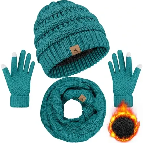 Winter Beanie Hat Scarf Gloves, Warm Fleece Knit Hats Touch Screen Gloves Neck Scarf Set Winter Gifts for Unisex Adult - 1