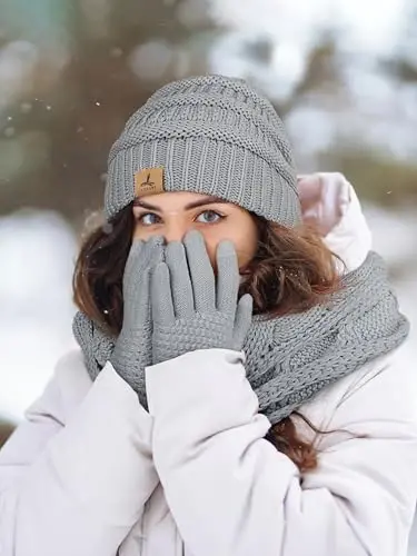 Winter Beanie Hat Scarf Gloves, Warm Fleece Knit Hats Touch Screen Gloves Neck Scarf Set Winter Gifts for Unisex Adult - 6