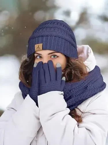 Winter Beanie Hat Scarf Gloves, Warm Fleece Knit Hats Touch Screen Gloves Neck Scarf Set Winter Gifts for Unisex Adult - 6
