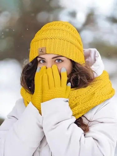Winter Beanie Hat Scarf Gloves, Warm Fleece Knit Hats Touch Screen Gloves Neck Scarf Set Winter Gifts for Unisex Adult - 6
