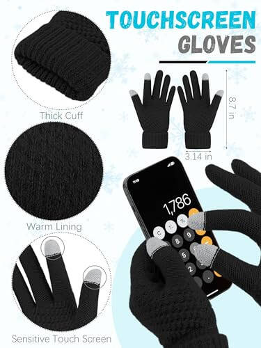 Winter Beanie Hat Scarf Gloves, Warm Fleece Knit Winter Hats Touch Screen Gloves Neck Scarf Set Winter Gifts for Unisex Adult - 3