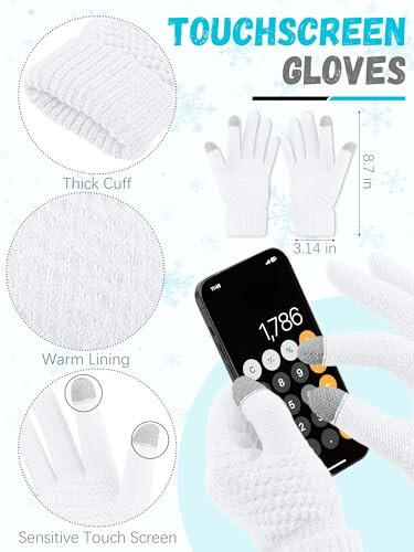 Winter Beanie Hat Scarf Gloves, Warm Fleece Knit Winter Hats Touch Screen Gloves Neck Scarf Set Winter Gifts for Unisex Adult White - 3