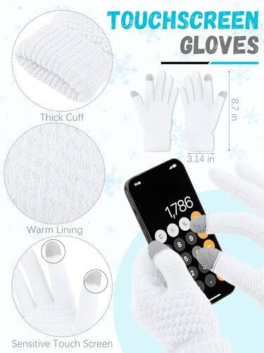 Winter Beanie Hat Scarf Gloves, Warm Fleece Knit Winter Hats Touch Screen Gloves Neck Scarf Set Winter Gifts for Unisex Adult White - 3