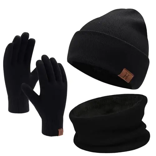Winter Beanie Hat Scarf Touchscreen Gloves Set for Men and Women, Beanie Gloves Neck Warmer Set with Warm Knit Fleece Lined - 2