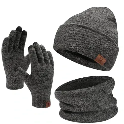 Winter Beanie Hat Scarf Touchscreen Gloves Set for Men and Women, Beanie Gloves Neck Warmer Set with Warm Knit Fleece Lined 