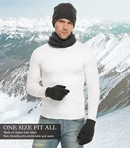 Winter Beanie Hat Scarf Touchscreen Gloves Set for Men and Women, Beanie Gloves Neck Warmer Set with Warm Knit Fleece Lined - 6