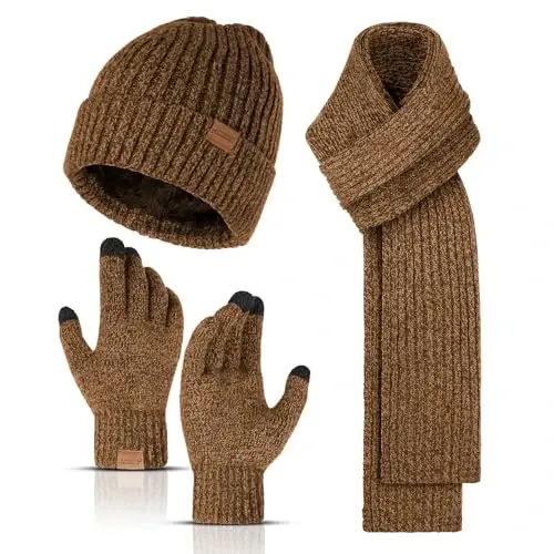 Winter Beanie Hats for Men Long Neck Scarf and Touchscreen Gloves Set with Fleece Lined Skull Caps Gifts for Men 