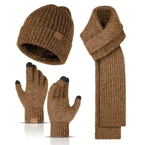 Winter Beanie Hats for Men Long Neck Scarf and Touchscreen Gloves Set with Fleece Lined Skull Caps Gifts for Men - HONNESSERRY