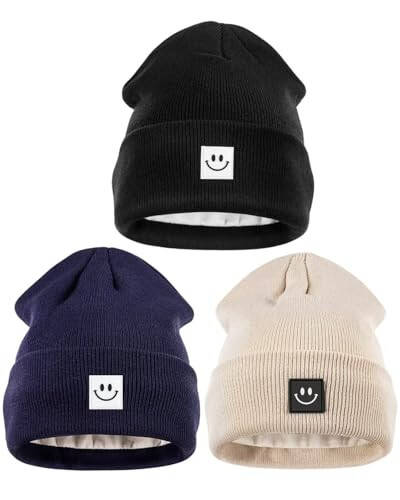 Winter Beanie Hats for Women Men 3Pack,Fleece Lined Womens Winter Hats with Smiley Face,Warm Cute Beanie for Cold Weather - 1